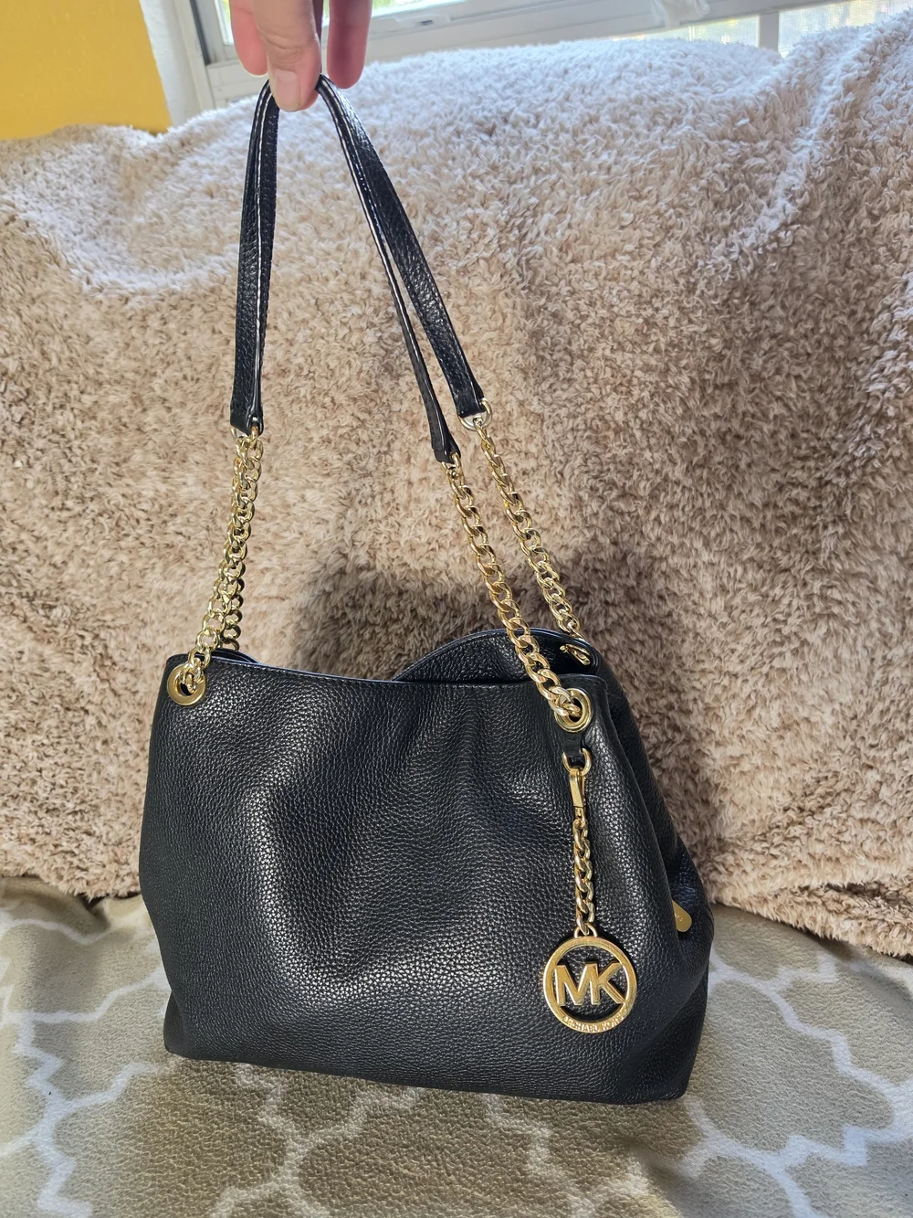 Michael Kors Black Pebbled Leather Shoulder Bag with Gold Accents